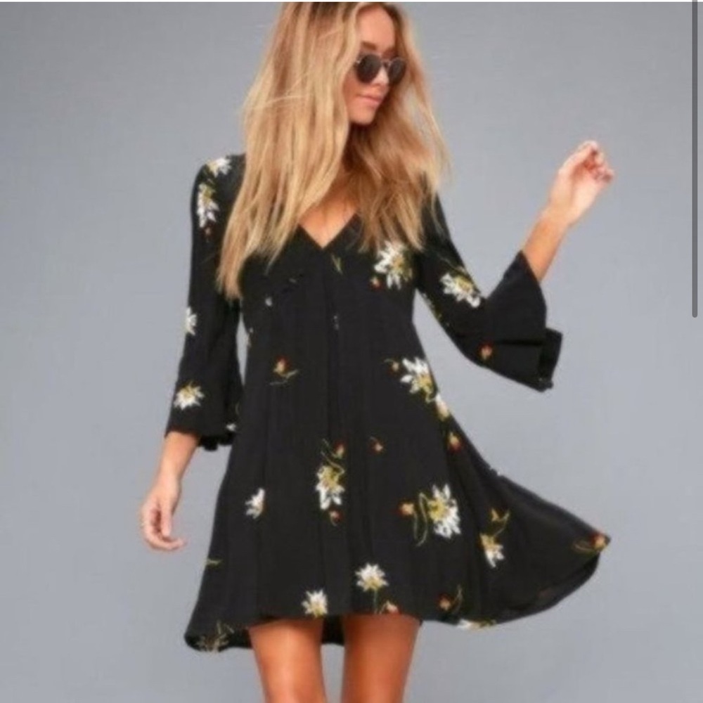 Free People Black Floral Time On My Side Wrap Long Sleeve Dress Size Small